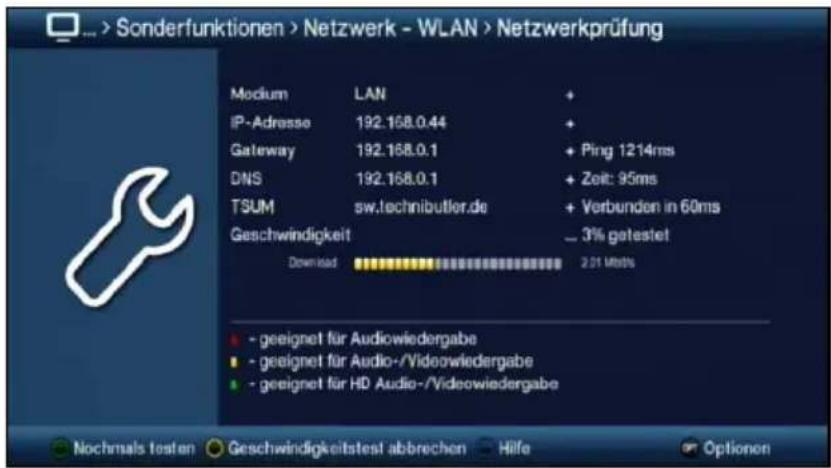 Sonderfunktionen > Netzwerk - WLAN > Netzwerkprüfung Medium LAN + IP-Adresse 192.168.0.44 + Gateway 192.168.0.1 + Ping 1214ms DNS 192.168.0.1 + Zeit: 95ms TSUM sw.technibutler.de + Verbunden in 60ms Geschwindigkeit ... 3% getestet Download 2.01 Mbbls • geeignet für Audiowiedergabe • geeignet für Audio-/Videowiedergabe • geeignet für HD Audio-/Videowiedergabe Nochmals testen Geschwindigkeitstest abbrechen Hilfe Optionen