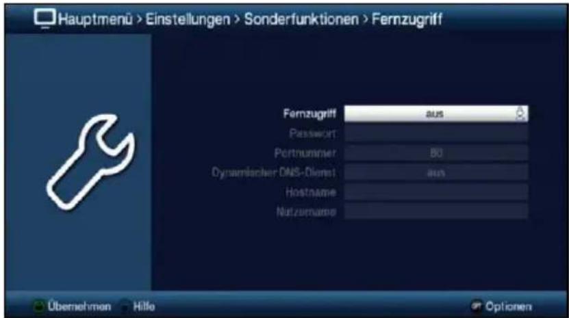 Hauptmenü > Einstellungen > Sonderfunktionen > Fernzugriff Fernzugriff aus Password Portnummer 80 Dynamischer DNS-Dienst aus Hostname Nutzumame Übernehmen Hilfe Optionen