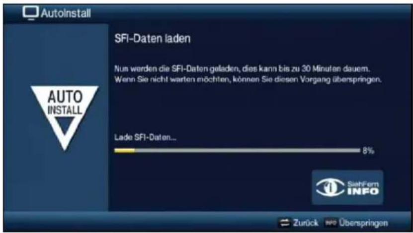 AutoInstall SFI-Daten laden Nun werden die SFI-Daten geladen, dies kann bis zu 30 Minuten dauern. Wenn Sie nicht warten möchten, können Sie diesen Vorgang überspringen. Lade SFI-Daten... 8% SahFern INFO Zurück INFO Überspringen