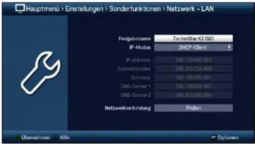 Hauptmenu > Einstellungen > Sonderfunktionen > Netzwerk - LAN Freigabename TechniStar K2 ISIO IP-Modus DHCP-Client IP-Adresse 192.168.000.023 Subnetzmaske 255.255.255.000 Gateway 102.168.000.001 DNS-Server 1 192.168.000.001 DNS-Server 2 000.000.000.000 Netzwerkverbindung Prufen Übemehmen Hilfe Optionen