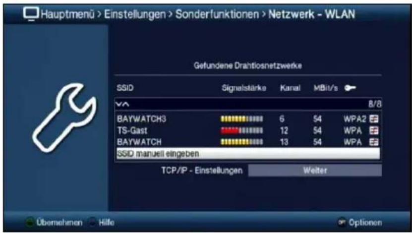Hauptmenü > Einstellungen > Sonderfunktionen > Netzwerk - WLAN Gefundene Drahtiosnetzwerke SSID Signalstärke Kanal MBit/s 8/8 BAYWATCH3 6 54 WPA2 TS-Gast 12 54 WPA BAYWATCH 13 54 WPA SSID manuell eingeben TCP/IP - Einstellungen Weiter Übemehmen Hilfe Optionen