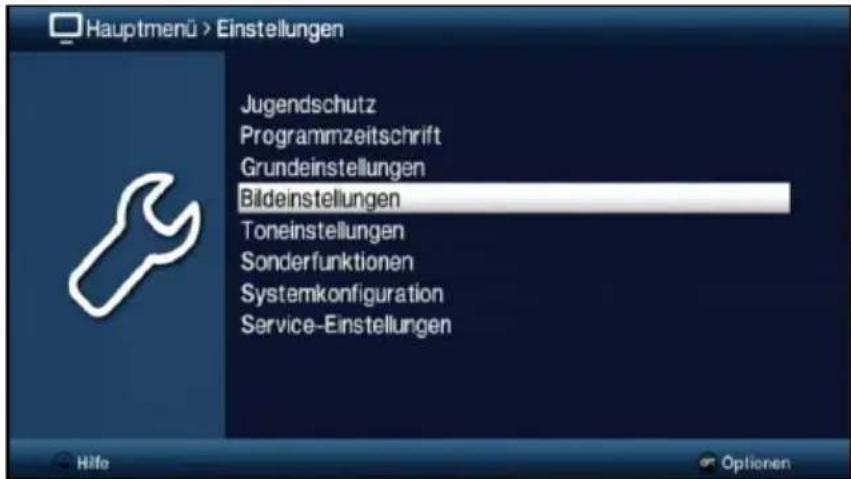Hauptmenü > Einstellungen Jugendschutz Programmzeitschrift Grundeinstellungen Bildeinstellungen Toneinstellungen Sonderfunktionen Systemkonfiguration Service-Einstellungen