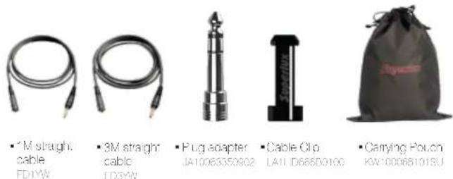 • 1M straight cable FD1YW • 3M straight cable FD3YW • Plug adapter JA10063350902 • Cable Clip LAII D668D0100 • Carrying Pouch KW100068101SU