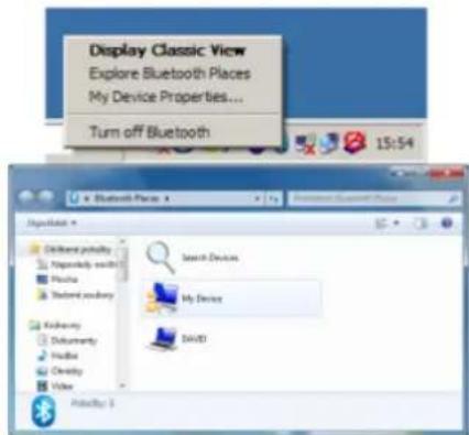 Display Classic View Explore Bluetooth Places My Device Properties... Turn off Bluetooth 15:54 Bluetooth Place Search Devices My Device DAVID Product ID