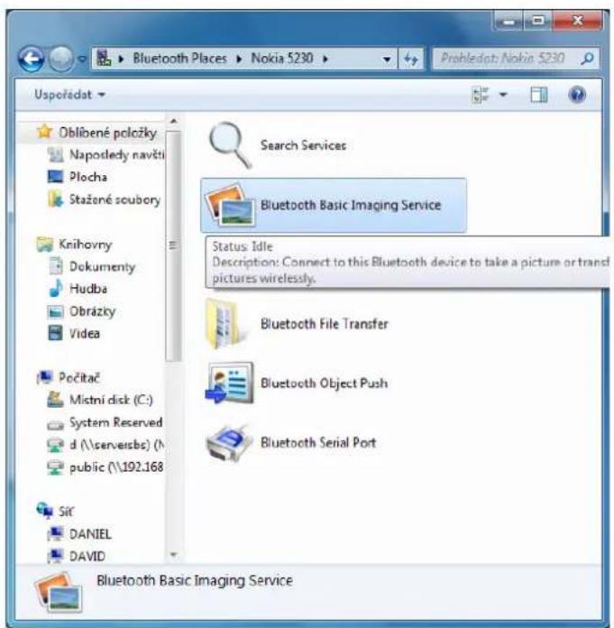 Usporédat Obličené položky Naposledy navítki Plocha Stažeré scubory Knihovny Dokumenty Hudba Obrázky Video Počitač Mistní disk (C:) System Reserved d (\serversbs) (h public (\192.168 Sif DANIEL DAVID Search Services Bluetooth Basic Imaging Service Status: Idle Description: Connect to this Bluetooth device to take a picture or trans pictures wirelessly. Bluetooth File Transfer Bluetooth Object Push Bluetooth Serial Port Bluetooth Basic Imaging Service