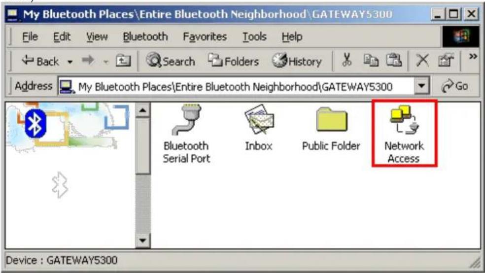 My Bluetooth Places\Entire Bluetooth Neighborhood\GATEWAY5300 File Edit View Bluetooth Favorites Tools Help Back Search Folders History Address My Bluetooth Places\Entire Bluetooth Neighborhood\GATEWAY5300 Go Bluetooth Serial Port Inbox Public Folder Network Access Device : GATEWAY5300