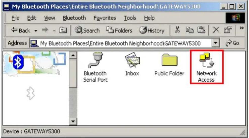 My Bluetooth Places\Entire Bluetooth Neighborhood\GATEWAY5300 File Edit View Bluetooth Favorites Tools Help Back Search Folders History Address My Bluetooth Places\Entire Bluetooth Neighborhood\GATEWAY5300 Go Bluetooth Serial Port Inbox Public Folder Network Access Device : GATEWAY5300