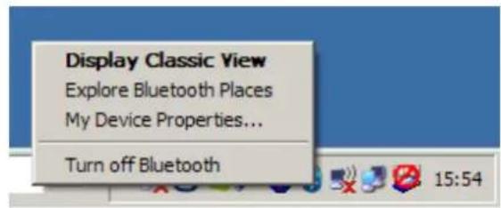 Display Classic View Explore Bluetooth Places My Device Properties... Turn off Bluetooth
