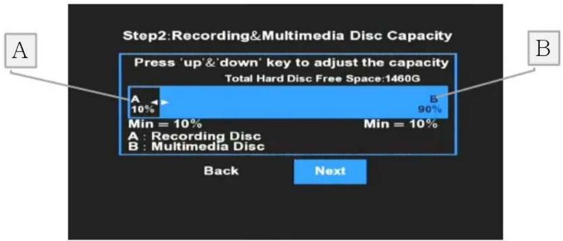 Step2:Recording&Multimedia Disc Capacity Press 'up' & 'down' key to adjust the capacity Total Hard Disc Free Space:1460G A 10% 5 90% Min = 10% Min = 10% A : Recording Disc B : Multimedia Disc Back Next B