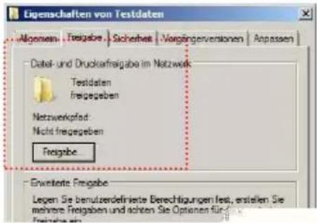 Eigenschaften von Testdaten Algegenen Testgabe Sicherheit Vorgängerversionen Anpassen Data- und Druckafreigabe im Netzwerk Testdaten freigegeben Netzwerkpfad: Nicht freigegeben Freigabe Erweiterte Freigabe Legen Sie benutzerdefinierte Berechtigungen fest, erstellen Sie mehrere Freigaben und achten Sie Optionen für Freigabe