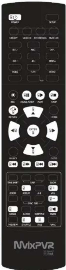 POWER SETUP LIBRARY VIEW IN RECORDINGS NAME LINE REV. ABC DIF. QST JLL MND+ POSS TIA+ WEXT REC INSUR/STEP PLAY STOP RETURN HOME ENTER SELECT GOUT TIME SHIFT S&P SLOW ROOM REPEAT A-B VOL SYNC SUB MENU AUDIO SUBTITLE AMTE PREVIEW SHUFFA FANIC MVixPVR