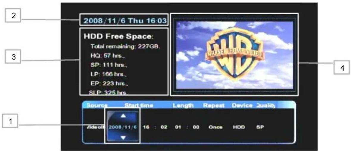 2008/11/6 Thu 16:03 HDD Free Space: Total remaining: 227GB. HQ: 57 hrs., SP: 111 hrs., LP: 166 hrs., EP: 223 hrs., SLP: 325 hrs. VANNE HOME VIDEO Source Start time Length Repeat Device Quality Aideoff 2008/11/6 16 : 02 01 : 00 Once HDD SP 1 2 3 4