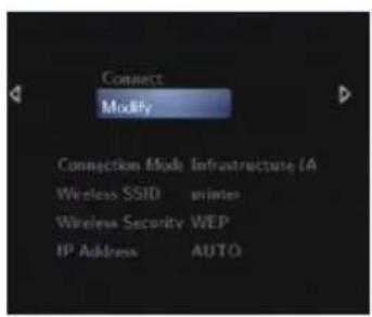 Connect Modify Connection Mode Infrastructure (A Wireless SSID printer Wireless Security WEP IP Address AUTO
