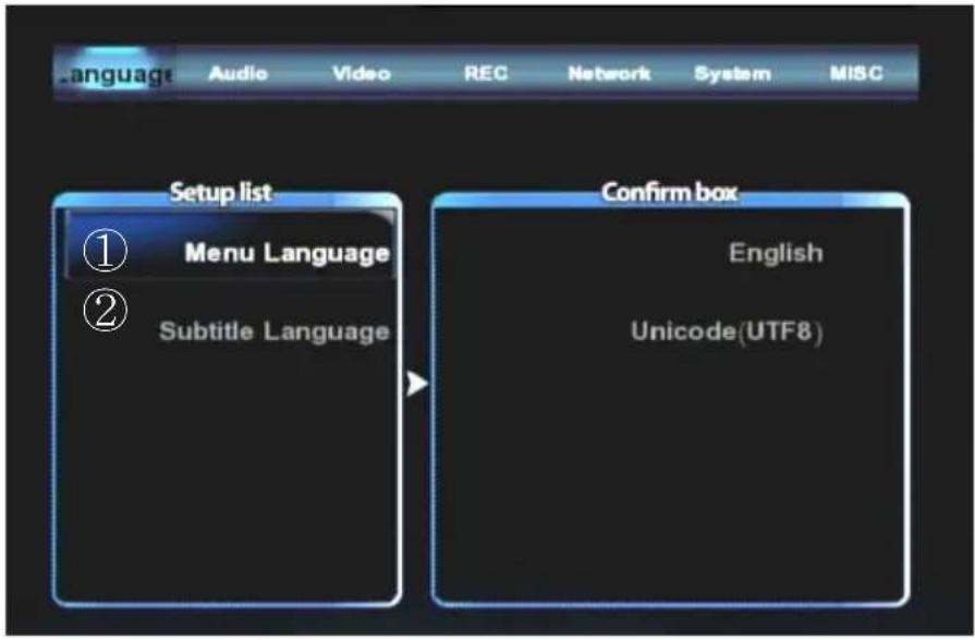 Language Audio Video REC Network System MISC Setup list ① Menu Language ② Subtitle Language Confirm box English Unicode(UTF8)