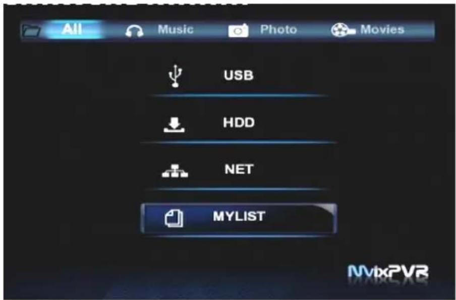 All Music Photo Movies USB HDD NET MYLIST MvixPVR
