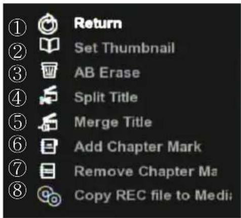 ① Return ② Set Thumbnail ③ AB Erase ④ Split Title ⑤ Merge Title ⑥ Add Chapter Mark ⑦ Remove Chapter Ma ⑧ Copy REC file to Medi;