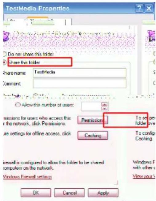 TestMedia Properties Do not share this folder Share this folder share name: TestMedia Comment: Allow this number of users: missions for users who access this r the network, click Permissions. use settings for offline access, click Permission Caching To set per folder over To config Caching irewell is configured to allow this folder to be shared computers on the network. Windows Firewall settings OK Cancel Apply Windows F with other c View your s