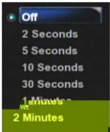 Off 2 Seconds 5 Seconds 10 Seconds 30 Seconds 1 Minute 2 Minutes
