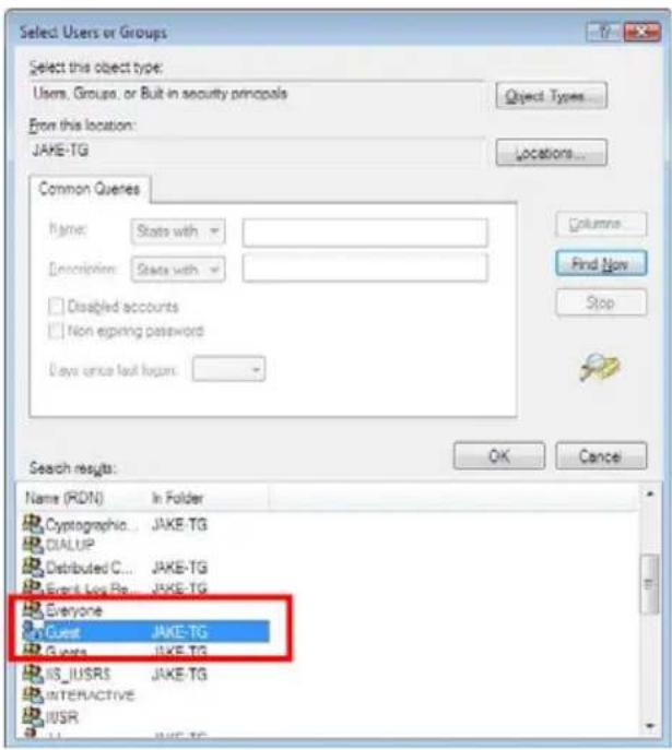 Select Users or Groups Select this object type: Users, Groups, or Built in security principals Object Types From this location: JAKE-TG Locations... Common Queries Name: State with Description: State with Disabled accounts Non expiring password Days since last layer: Columns Find Now Stop Search results: Name (RDN) In Folder Cryptographic... JAKE-TG CIALIP Distributed C... JAKE-TG Event Log Re... JAKE-TG Everyone Guest JAKE-TG Guest JAKE-TG IS_IUSRS JAKE-TG INTERACTIVE IUSR OK Cancel