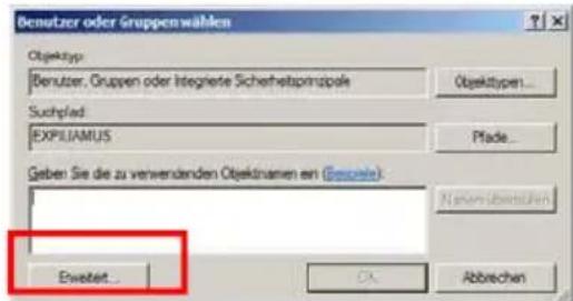 Benutzer oder Gruppenwahlen Objektyp Benutzer, Gruppen oder Integrierte Sicherheitsprinzipale Objektypen... Suchplad EXPILIAMUS Pfade... Geben Sie die zu verwendenden Objektnamen en (Gezahl) Nissen überschüten Erwartet... Abbrechen