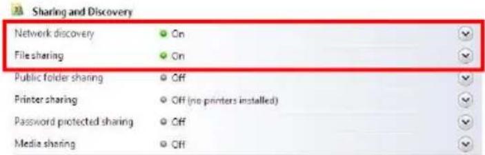 Sharing and Discovery Network discovery File sharing Public folder sharing Printer sharing Password protected sharing Media sharing