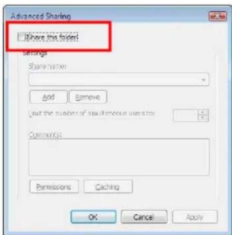 Advanced Sharing Share this folder Settings Share name: Add Remove Last the number of simultaneous interests Comments: Permissions Caching OK Cancel Apply