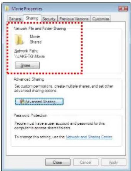 Movie Properties General Sharing Security Previous Versions Customize Network File and Folder Sharing Movie Shared Network Path: \JAKE-TG\Movie Share Advanced Sharing Set custom permissions, create multiple shares, and set other advanced sharing option. Advanced Sharing Password Protection People must have a user account and password for this computer to access shared folders. To change this setting, use the Network and Sharing Center Close Cancel Apply