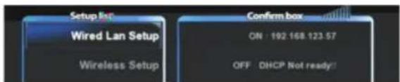 Setup Int Wired Lan Setup Wireless Setup Confirm box ON : 192 168.123.57 OFF DHCP Not ready!!
