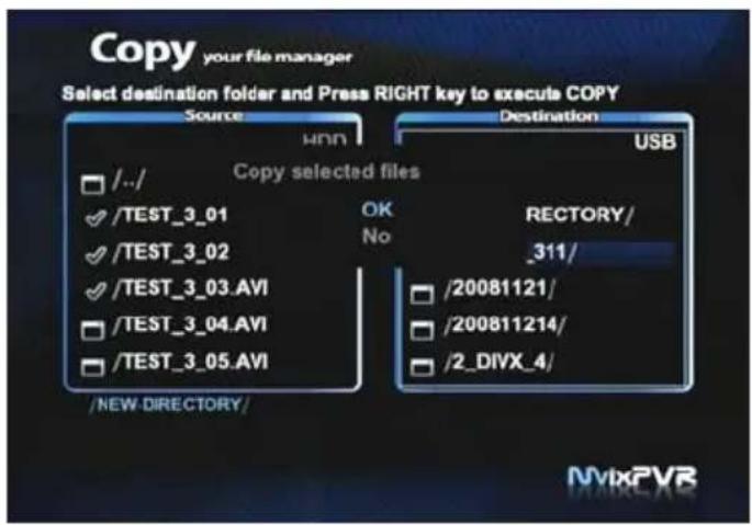 Copy your file manager Select destination folder and Press RIGHT key to execute COPY Source HNN Destination USB Copy selected files /../ ✓/TEST_3_01 ✓/TEST_3_02 ✓/TEST_3_03.AVI ✓/TEST_3_04.AVI ✓/TEST_3_05.AVI OK No RECTORY/ _311/ /20081121/ /200811214/ /2_DIVX_4/ /NEW-DIRECTORY/ NvtxPVR