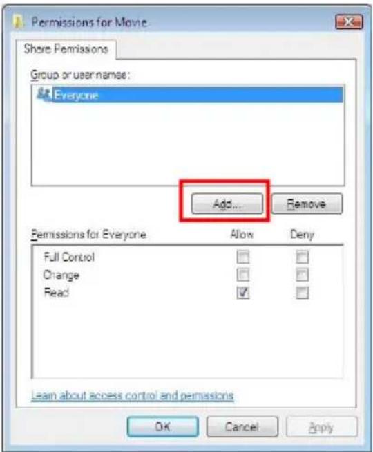 Permissions for Movie Share Permissions Group or user name: Everyone Add... Remove Permissions for Everyone Allow Deny Full Control Change Read Learn about access control and permissions OK Cancel Apply