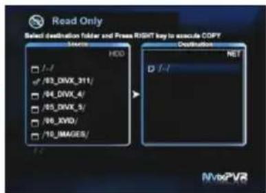 Read Only Select destination folder and Press RIGHT key to execute COPY Source HDD /1-1 /03_DIVX_311/ /04_DIVX_4/ /05_DIVX_5/ /06_JVID/ /10 IMAGES/ Destination NET /1-1 NvXPVR