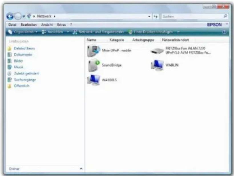 Network Datai Bearbeiten Ansicht Extras ? Organismen Anschinen Network und Insgesenter Trehm Drücker hinzufügen EPSON Linkedtojsten Deleted Items Dokumente Bilder Musk Zuletzt gekinder Suchvorgänge Offerlich Name Kategorie Arbeitgruppe Netzwerkstandort Minor-UPnP : wablin FRITZ1Box Fox WLAN 7200 UPnP/1.8 AVM FRITZ1Box Fox... SoundBridge WABLIN WABBELS Orderer
