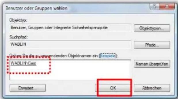 Benutzer oder Gruppen wählen Objektyp: Benutzer, Gruppen oder Integnete Sicherheitsprinzipale Suchpfad: WABLIN Pfade... Gobert Sie das zuverwendenden Objektnamen ein (despielt): WABLINGest Name überprüfen Erwartet OK Abbrachen
