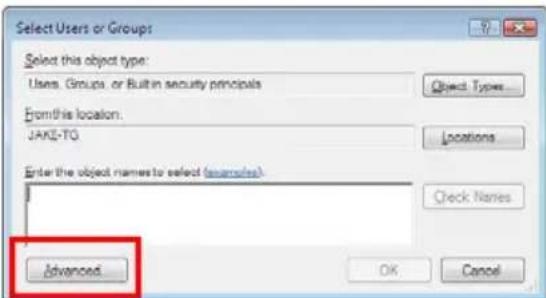 Select Users or Groups Select this object type: Users, Groups, or Built in security principals Object Types... From this location: JAKI-TO Locations Enter the object names to select (examples): Advanced OK Cancel