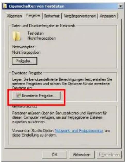 Eigenschaften von Testdaten Algemein Fristige Sicherheit Vorgängsversionen Anpassen Datei- und Druckerfristige im Netzwerk Testdaten Nicht fristige Netzwerkpfad: Nicht fristige Fristige... Enweitere fristige Legen Sie benutzdefinierte Berechtigungen fest, erstellen Sie mehrere fristige und achten Sie Optionen für die erweitere fristige ein. Erweitere fristige... Kennwirtschaft: Personen müssen über ein Benutzkonto und Kennwort für diesen Computer verfügen, um auf fristigegebene Datelen zugreifen zu können. Verwenden Sie die Option Netzwerk und Fristige besonder, um diese Einstellung zu andern. OK Abbrechen Übernehmen