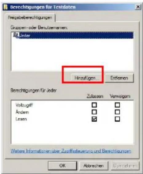 Berechtigungen für Testdaten Freigseberechtigungen Gruppen- oder Benutzemamen: Jeder Hinzufügen... Entferen Berechtigungen für Jeder Zulassen Verweigam Vollzugriff Andern Lesen □ □ □ □ □ □ □ □ □ □ □ □ □ □ □ □ □ □ □ □ □ □ □ □ □ □ □ □ □ □ □ □ □ □ □ □ □ □ □ □ □ □ □ □ □ □ □ □ □ □ ○ OK Abrechen Übernehmen