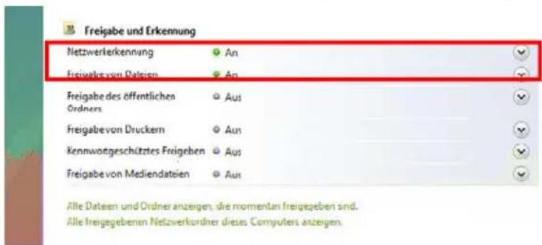 Freigabe und Erkennung Netzwerkerkennung An Freigabe von Datenen An Freigabe des öffentlichen Ordners Aus Freigabe von Druckern Aus Kennwotgeschätztes Freigeben Aus Freigabe von Mediendateien Aus Alle Datenen und Ordner anzeigen, die momentan freigegeben sind. Alle freigegebenen Netzverkordner dieses Computers anzeigen.