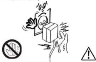 Safety warning illustration showing a hand crushing a box with warning symbols and a no-smoking symbol