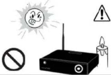 Safety warning illustration showing a radio, no sign, and warning symbols including a surprised sun and warning signs with an exclamation mark.
