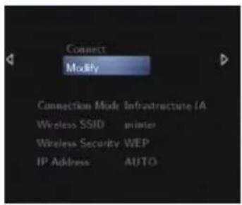 Connect Modify Connection Mode Infrastructure (A Wireless SSID printer Wireless Security WEP IP Address AUTO