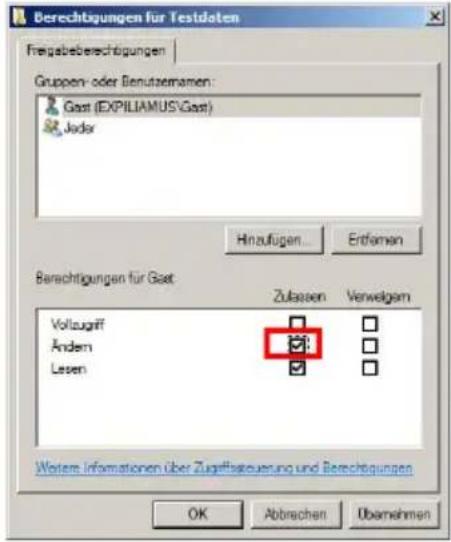 Berechtigungen für Testdaten Fregabeberechtigungen Gruppen- oder Benutzernamen: Gast (EXPILIAMUS\Gast) Jodar Hinzufügen... Erfemen Berechtigungen für Gast Zulassen Verwaltung Vollzugriff Ändern Lesen Wotere Informationen über Zugriffsteuerung und Berechtigungen OK Abbrachen Übernehmen
