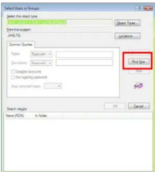Select Users or Groups Select the object type: JAKE-TG From this location: Locations Common Queries Name: Starts with Description: Starts with Designed accounts Non exiting password Days active last login Find Now OK Cancel Search results Name (RDN) In Folder