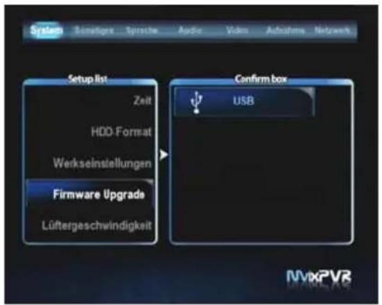 System Sonstige Sprache Audio Video Aufnahme Network Setup list Zeit HDD-Format Werkseinstellungen Firmware Upgrade Lüftergeschwindigkeit Confirm box USB NVxPVR