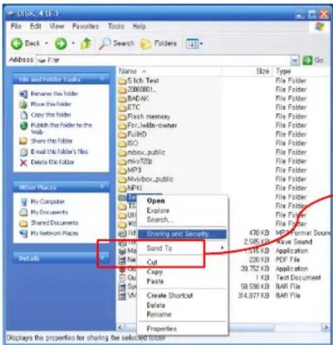 DISK 4 (F:) File Edit View Favorites Tools Help Back Search Folders Address File and Folder Tools Rename this folder Move this folder Copy this folder Publish the folder to the Web Share this folder Email this folder's files Delete this folder Name 5.1ch Test 2000001_ BADAK ETC Flash memory For...within-owner FullHD ISO mbox_public mkv72fp MP3 Mvibbox_public NPKJ Open Explore Search... Sharing and Security... Sand To Cut Copy Paste Create Shortcut Delete Rename Properties Size Type File Folder File Folder File Folder File Folder File Folder File Folder File Folder File Folder File Folder File Folder File Folder File Folder File Folder File Folder File Folder File Folder File Folder 470 KB MP Format Source 2.595 KB Have Sound 1.516 KB Application 220 KB PDF File 20.752 KB Application 1 KB Text Document 58.598 KB BAR File 314.877 KB BAR File Displays the properties for sharing the selected folder