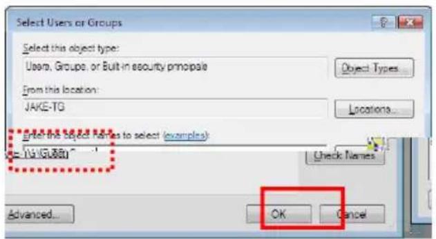 Select Users or Groups Select this object type: Users, Groups, or Built-in security principle From this location: JAKE-TG Enter this object names to select (examples): #141G1880 Check Names Advanced... OK Cancel