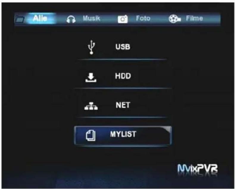 Alle Musik Foto Filme USB HDD NET MYLIST MVIXPVR