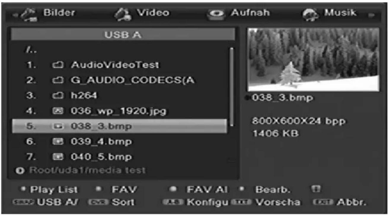 Bilder Video Aufnah Musik USB A 1.. 1. AudioVideoTest 2. G_AUDIO_CODECS(A) 3. h264 4. 036_wp_1920.jpg 5. 038_3.bmp 6. 039_4.bmp 7. 040_5.bmp Root/uda1/media test Play List FAV FAV AI Bearb. USB AI CVR Sort Konfigu Vorscha Abbr.