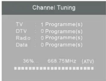 Channel Tuning TV : 1 Programme(s) DTV : 0 Programme(s) Radio : 0 Programme(s) Data : 0 Programme(s) 36%... 668.75MHz (ATV)