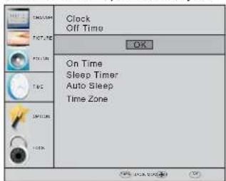 Clock Off Time OK On Time Sleep Timer Auto Sleep Time Zone