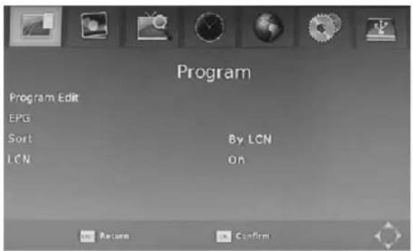 Program Program Edit EPG Sort By LCN LCN On Return Confirm